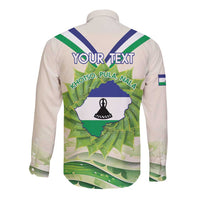 Personalised Lesotho Independence Day Long Sleeve Button Shirt Aloe Polyphylla Mix Coat Of Arms - Wonder Print Shop
