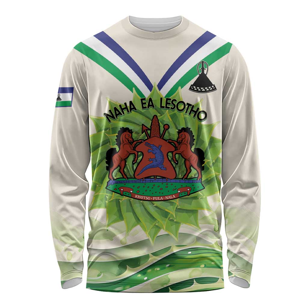 Personalised Lesotho Independence Day Long Sleeve Shirt Aloe Polyphylla Mix Coat Of Arms - Wonder Print Shop