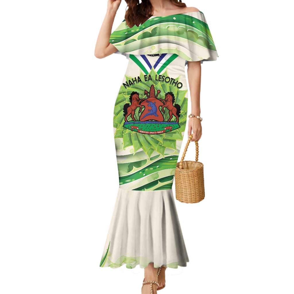 Personalised Lesotho Independence Day Mermaid Dress Aloe Polyphylla Mix Coat Of Arms - Wonder Print Shop