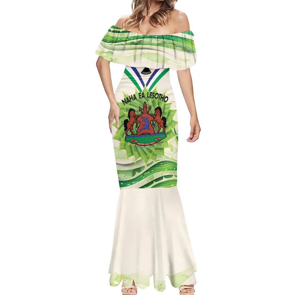 Personalised Lesotho Independence Day Mermaid Dress Aloe Polyphylla Mix Coat Of Arms - Wonder Print Shop