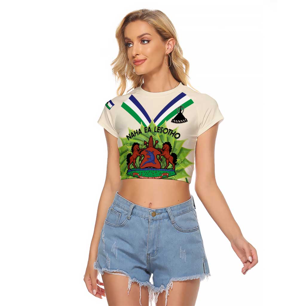 Personalised Lesotho Independence Day Raglan Cropped T Shirt Aloe Polyphylla Mix Coat Of Arms - Wonder Print Shop