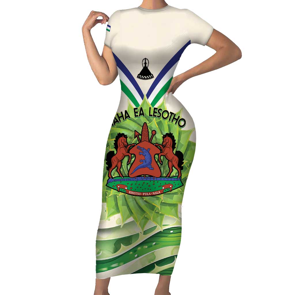 Personalised Lesotho Independence Day Short Sleeve Bodycon Dress Aloe Polyphylla Mix Coat Of Arms - Wonder Print Shop