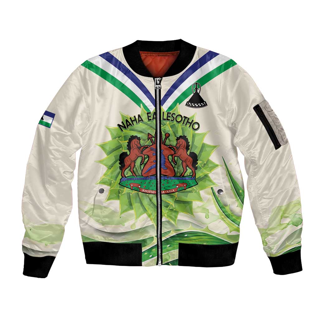 Personalised Lesotho Independence Day Sleeve Zip Bomber Jacket Aloe Polyphylla Mix Coat Of Arms - Wonder Print Shop