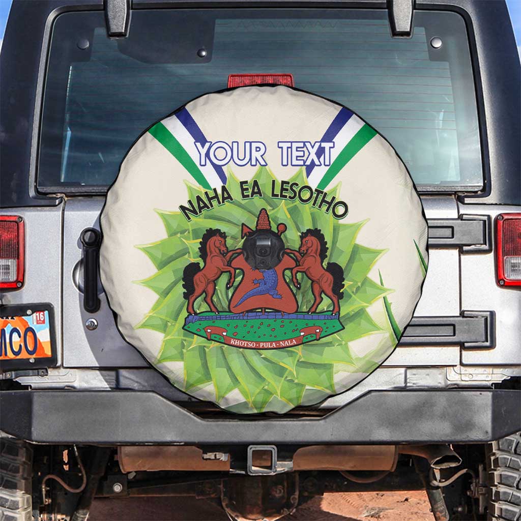 Personalised Lesotho Independence Day Spare Tire Cover Aloe Polyphylla Mix Coat Of Arms - Wonder Print Shop