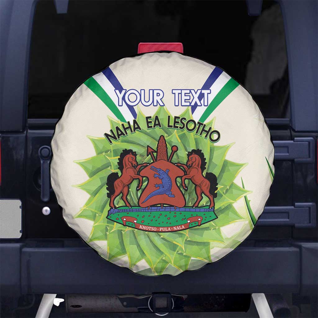 Personalised Lesotho Independence Day Spare Tire Cover Aloe Polyphylla Mix Coat Of Arms - Wonder Print Shop