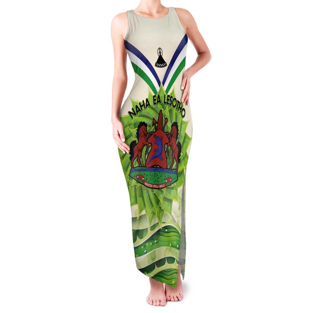 Personalised Lesotho Independence Day Tank Maxi Dress Aloe Polyphylla Mix Coat Of Arms - Wonder Print Shop