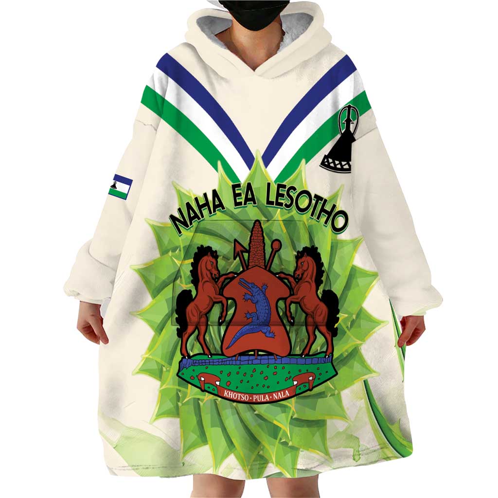 Personalised Lesotho Independence Day Wearable Blanket Hoodie Aloe Polyphylla Mix Coat Of Arms - Wonder Print Shop
