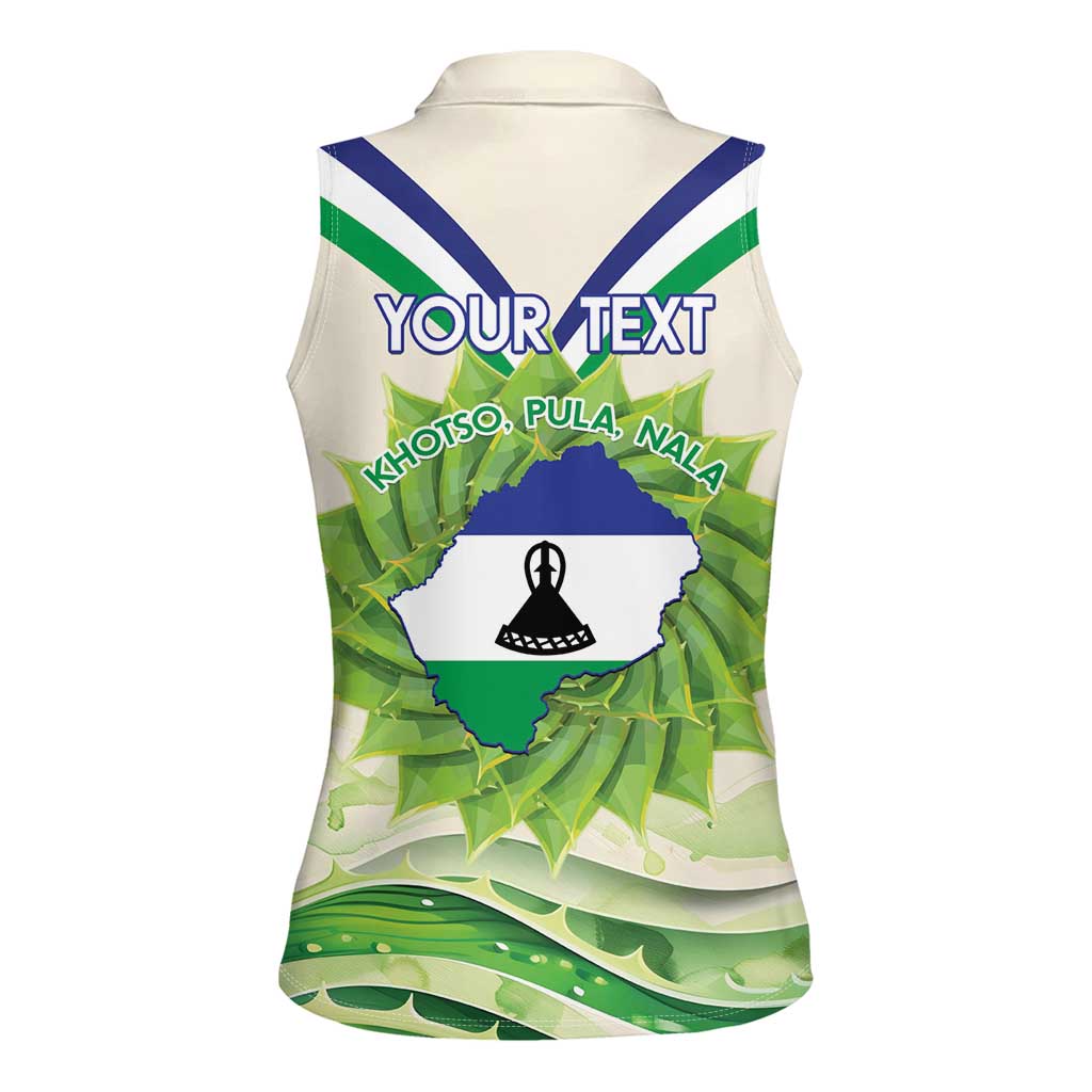 Personalised Lesotho Independence Day Women Sleeveless Polo Shirt Aloe Polyphylla Mix Coat Of Arms - Wonder Print Shop