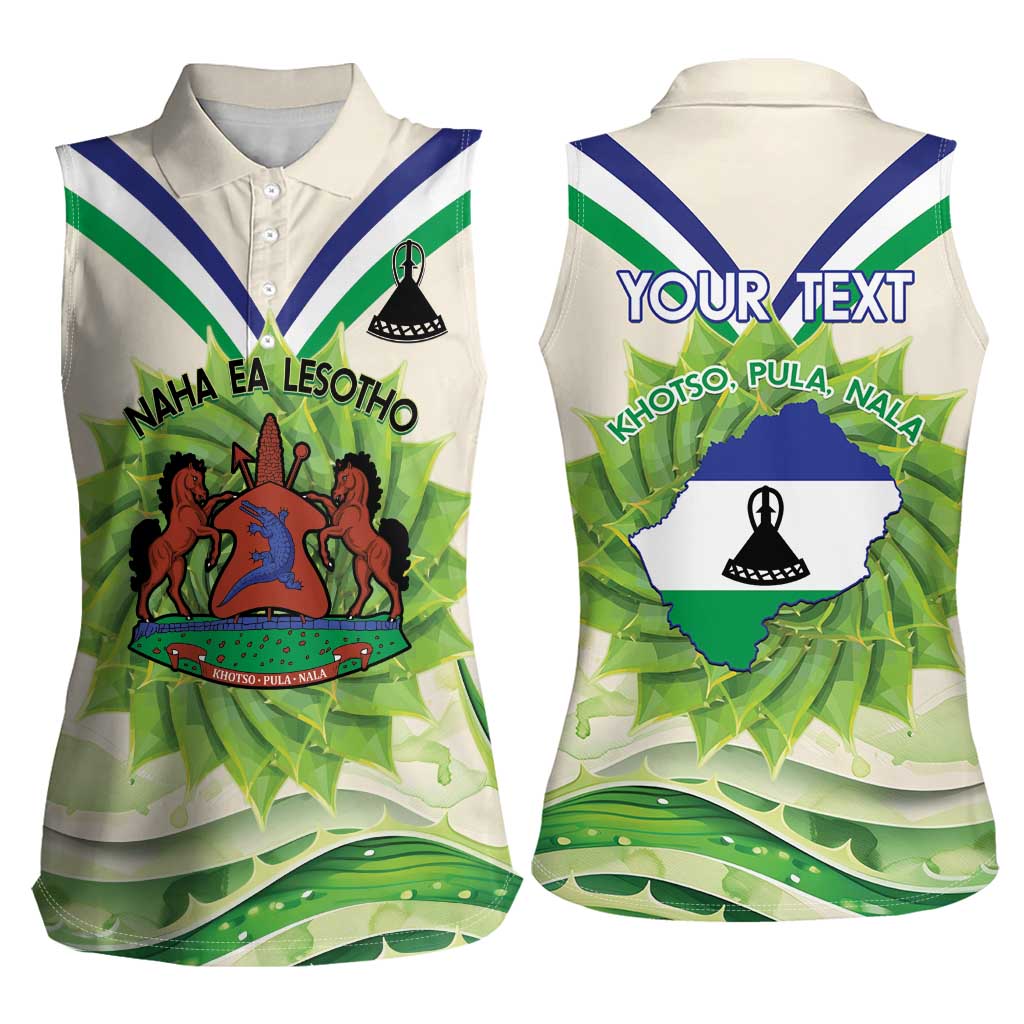 Personalised Lesotho Independence Day Women Sleeveless Polo Shirt Aloe Polyphylla Mix Coat Of Arms - Wonder Print Shop