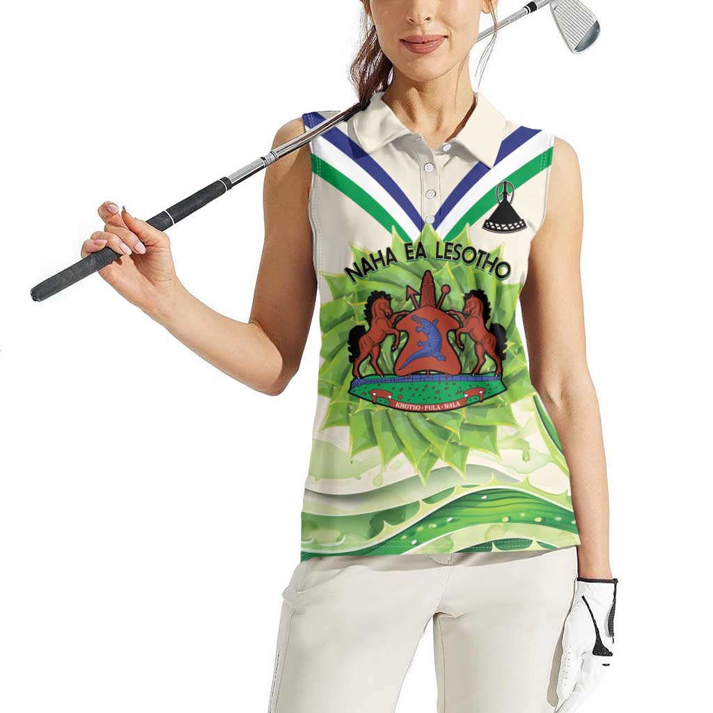 Personalised Lesotho Independence Day Women Sleeveless Polo Shirt Aloe Polyphylla Mix Coat Of Arms - Wonder Print Shop