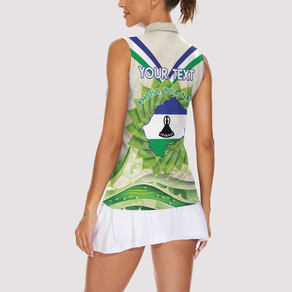 Personalised Lesotho Independence Day Women Sleeveless Polo Shirt Aloe Polyphylla Mix Coat Of Arms - Wonder Print Shop