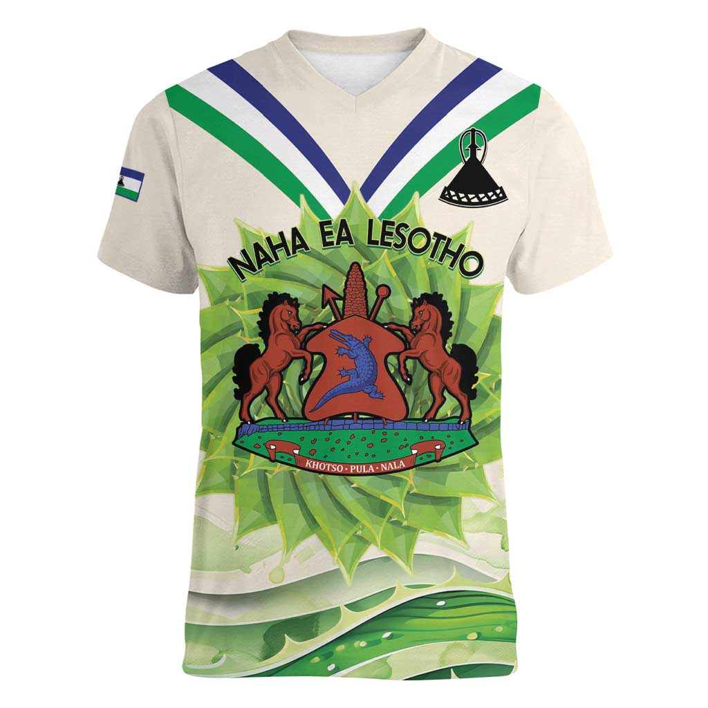 Personalised Lesotho Independence Day Women V-Neck T-Shirt Aloe Polyphylla Mix Coat Of Arms - Wonder Print Shop