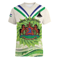 Personalised Lesotho Independence Day Women V-Neck T-Shirt Aloe Polyphylla Mix Coat Of Arms - Wonder Print Shop