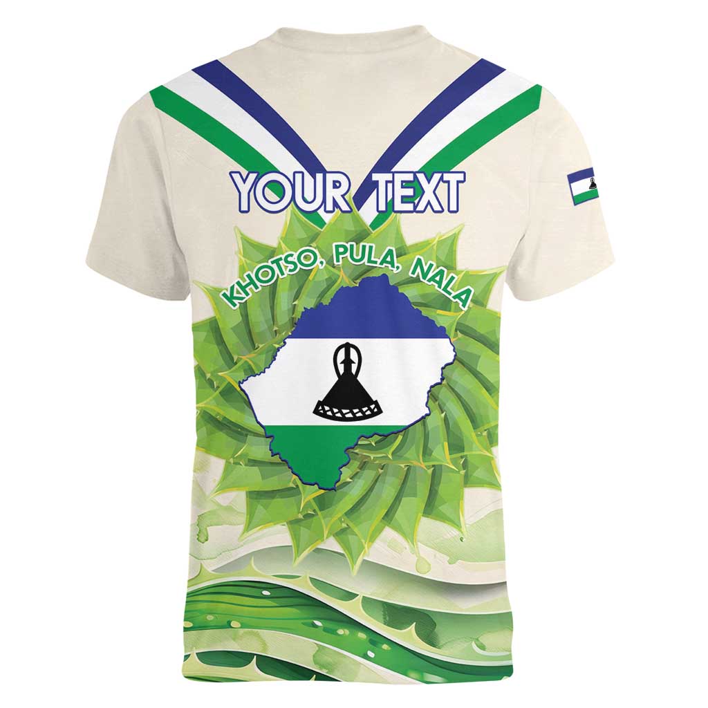 Personalised Lesotho Independence Day Women V-Neck T-Shirt Aloe Polyphylla Mix Coat Of Arms - Wonder Print Shop