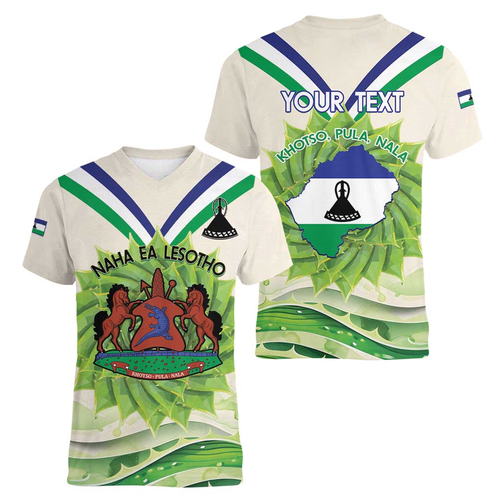 Personalised Lesotho Independence Day Women V-Neck T-Shirt Aloe Polyphylla Mix Coat Of Arms - Wonder Print Shop