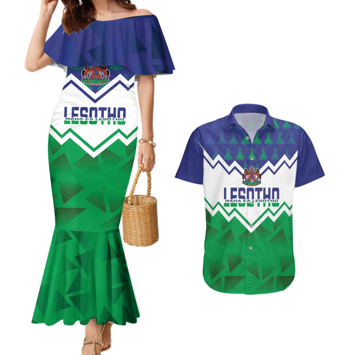 Personalised Lesotho Independence Day Couples Matching Mermaid Dress and Hawaiian Shirt Naha ea Lesotho Proud - Wonder Print Shop