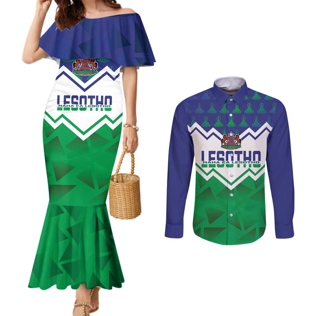 Personalised Lesotho Independence Day Couples Matching Mermaid Dress and Long Sleeve Button Shirt Naha ea Lesotho Proud
