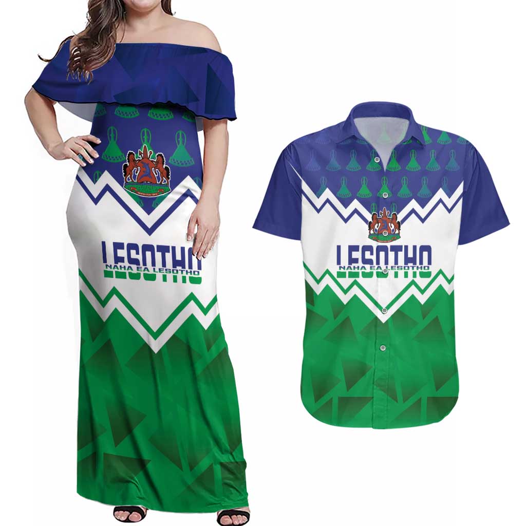 Personalised Lesotho Independence Day Couples Matching Off Shoulder Maxi Dress and Hawaiian Shirt Naha ea Lesotho Proud - Wonder Print Shop