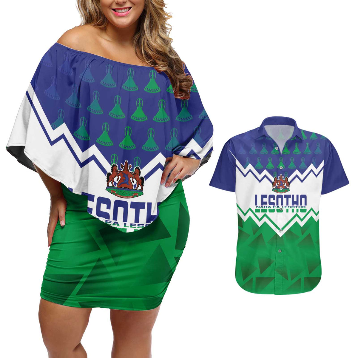Personalised Lesotho Independence Day Couples Matching Off Shoulder Short Dress and Hawaiian Shirt Naha ea Lesotho Proud - Wonder Print Shop