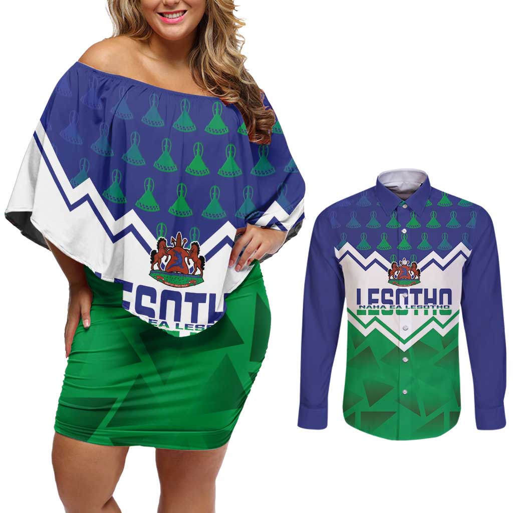 Personalised Lesotho Independence Day Couples Matching Off Shoulder Short Dress and Long Sleeve Button Shirt Naha ea Lesotho Proud - Wonder Print Shop