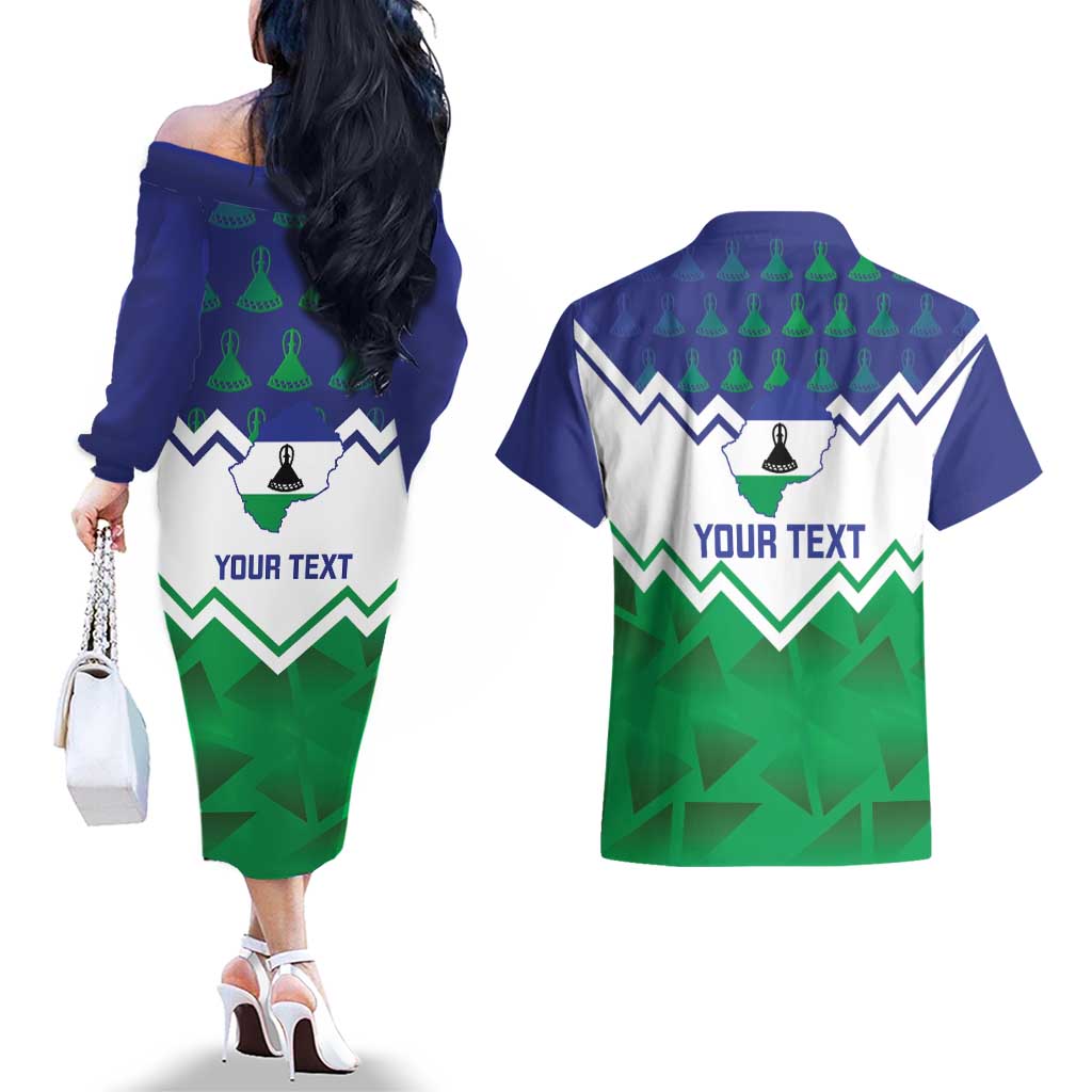 Personalised Lesotho Independence Day Couples Matching Off The Shoulder Long Sleeve Dress and Hawaiian Shirt Naha ea Lesotho Proud - Wonder Print Shop