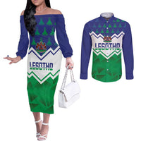 Personalised Lesotho Independence Day Couples Matching Off The Shoulder Long Sleeve Dress and Long Sleeve Button Shirt Naha ea Lesotho Proud