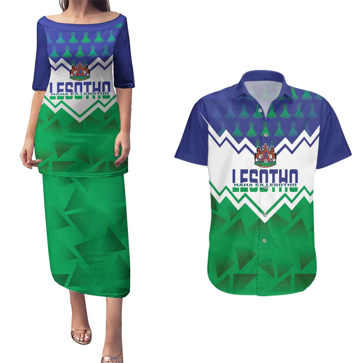Personalised Lesotho Independence Day Couples Matching Puletasi and Hawaiian Shirt Naha ea Lesotho Proud - Wonder Print Shop