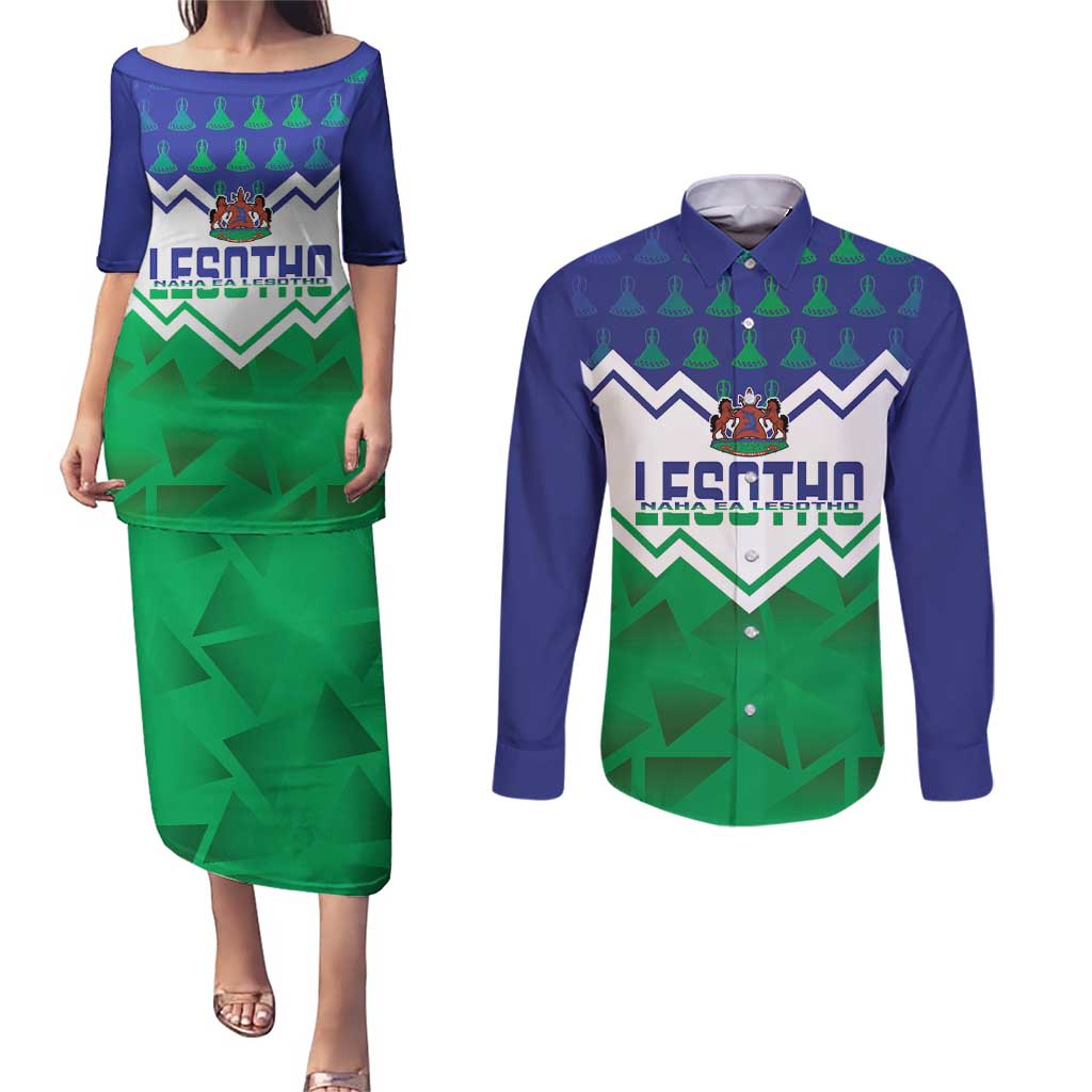 Personalised Lesotho Independence Day Couples Matching Puletasi and Long Sleeve Button Shirt Naha ea Lesotho Proud - Wonder Print Shop