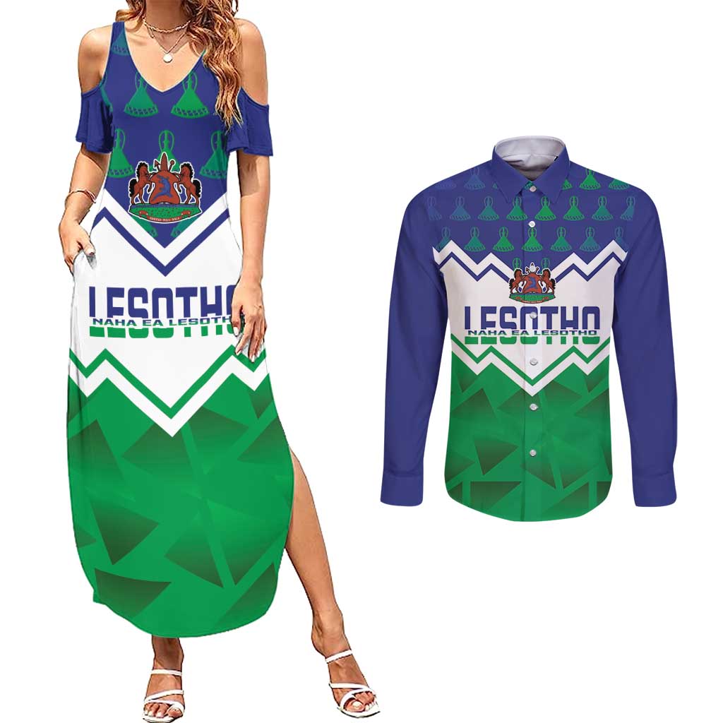 Personalised Lesotho Independence Day Couples Matching Summer Maxi Dress and Long Sleeve Button Shirt Naha ea Lesotho Proud - Wonder Print Shop