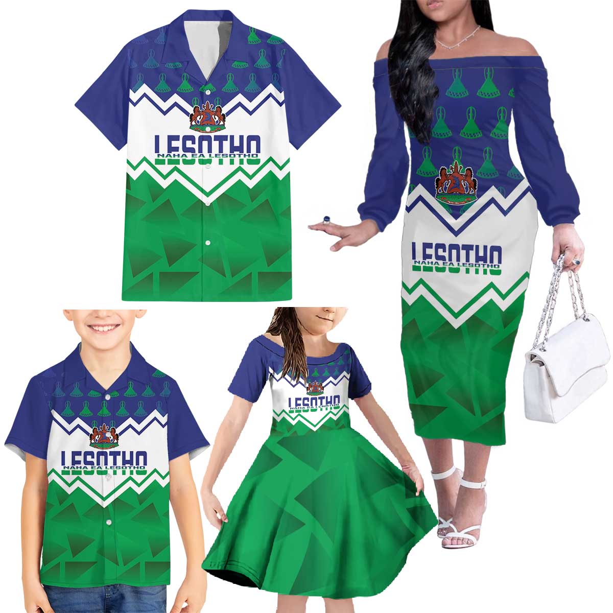 Personalised Lesotho Independence Day Family Matching Off The Shoulder Long Sleeve Dress and Hawaiian Shirt Naha ea Lesotho Proud - Wonder Print Shop