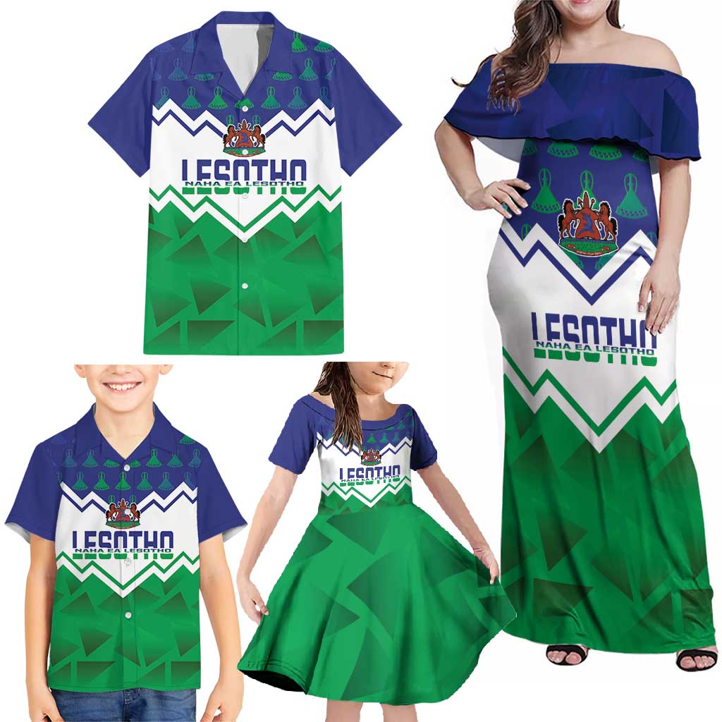 Personalised Lesotho Independence Day Family Matching Off Shoulder Maxi Dress and Hawaiian Shirt Naha ea Lesotho Proud - Wonder Print Shop