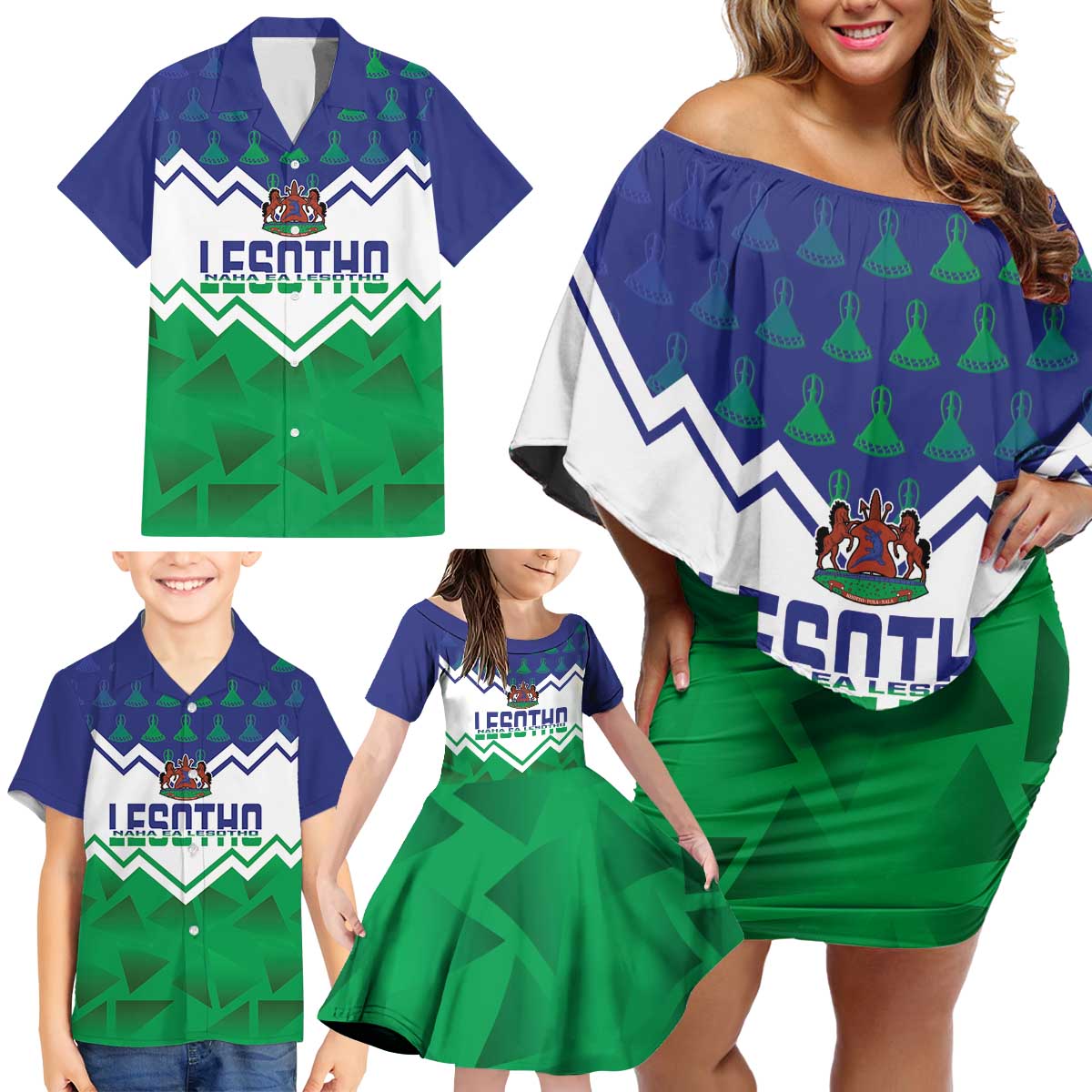 Personalised Lesotho Independence Day Family Matching Off Shoulder Short Dress and Hawaiian Shirt Naha ea Lesotho Proud - Wonder Print Shop
