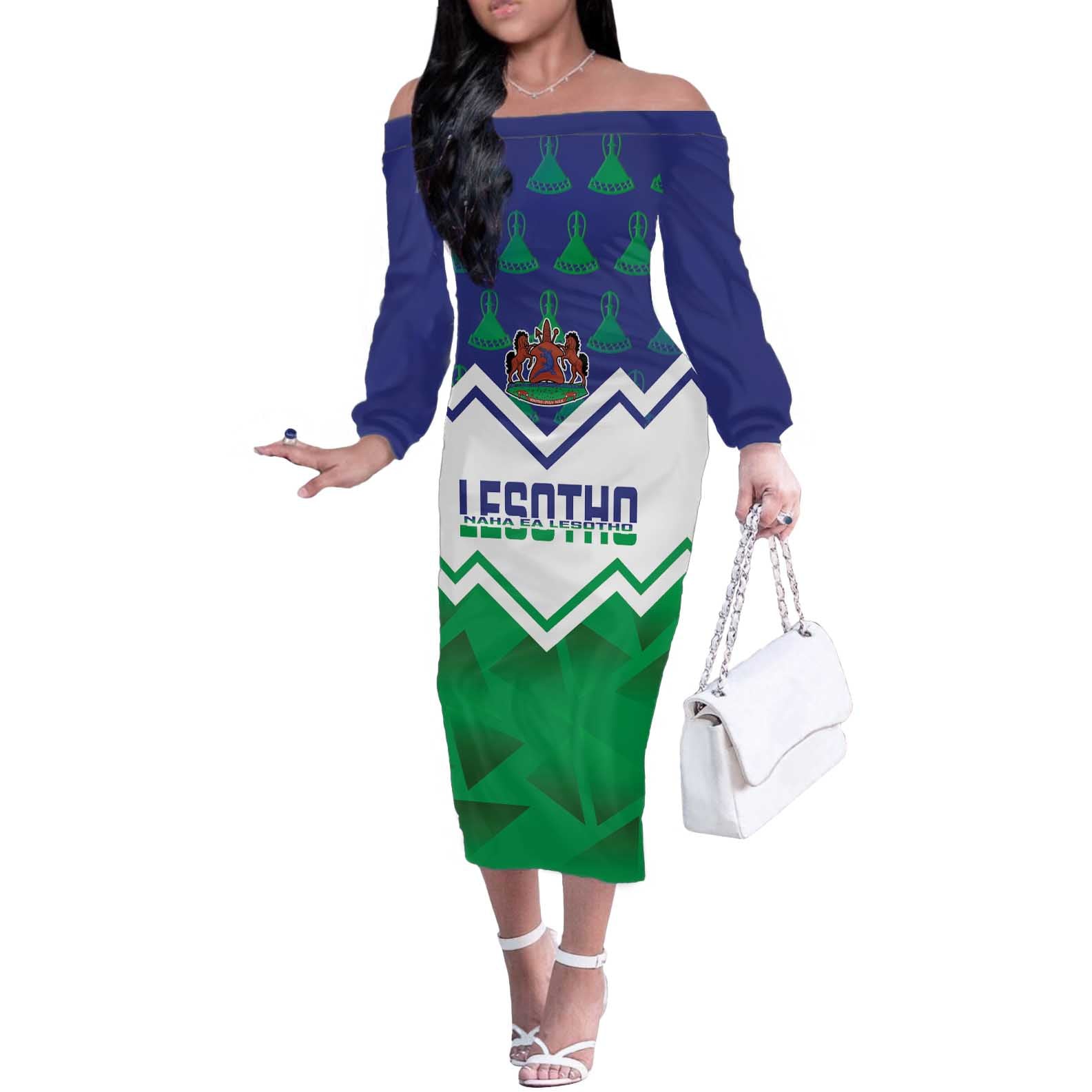 Personalised Lesotho Independence Day Off The Shoulder Long Sleeve Dress Naha ea Lesotho Proud - Wonder Print Shop