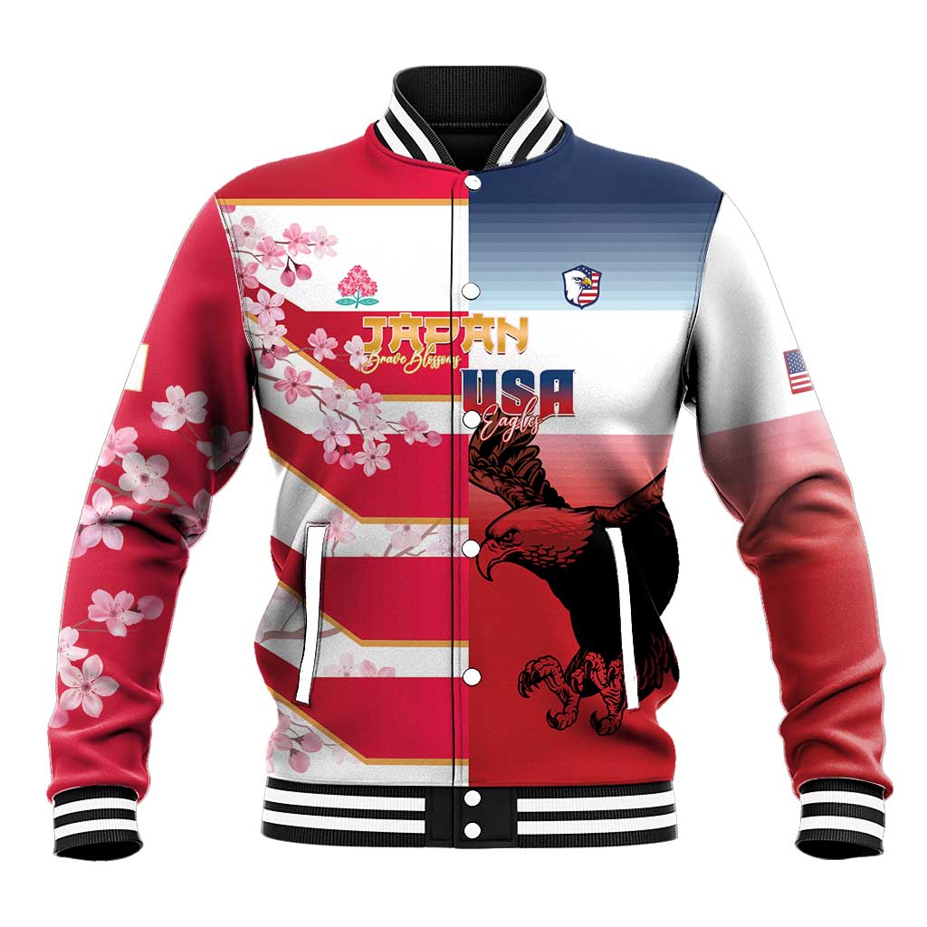 USA and Japan Rugby Custom Baseball Jacket Eagles Brave Blossoms Together Pacific - Wonder Print Shop