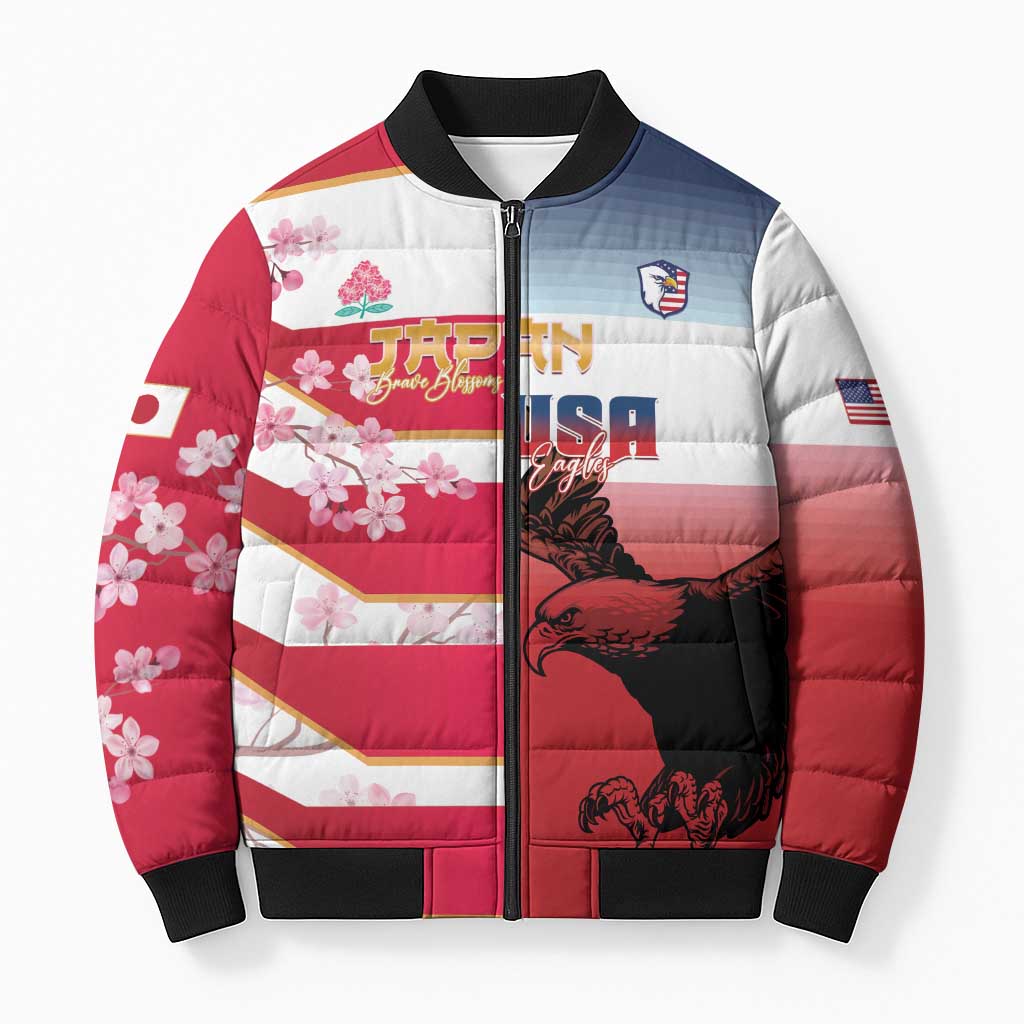 USA and Japan Rugby Custom Bomber Puffer Jacket Eagles Brave Blossoms Together Pacific - Wonder Print Shop