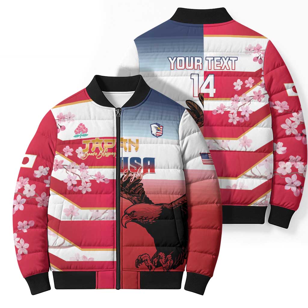USA and Japan Rugby Custom Bomber Puffer Jacket Eagles Brave Blossoms Together Pacific - Wonder Print Shop