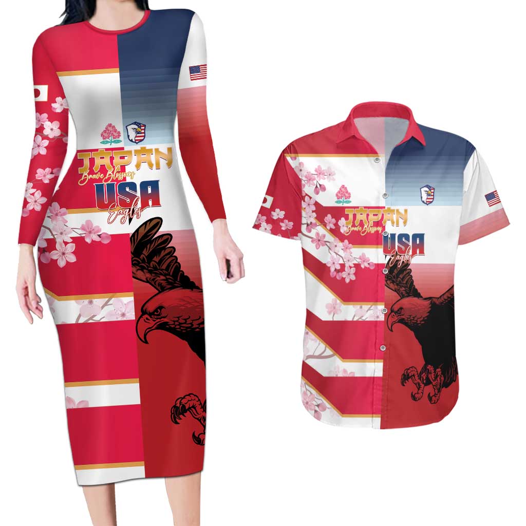 USA and Japan Rugby Custom Couples Matching Long Sleeve Bodycon Dress and Hawaiian Shirt Eagles Brave Blossoms Together Pacific - Wonder Print Shop