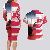 USA and Japan Rugby Custom Couples Matching Long Sleeve Bodycon Dress and Hawaiian Shirt Eagles Brave Blossoms Together Pacific - Wonder Print Shop