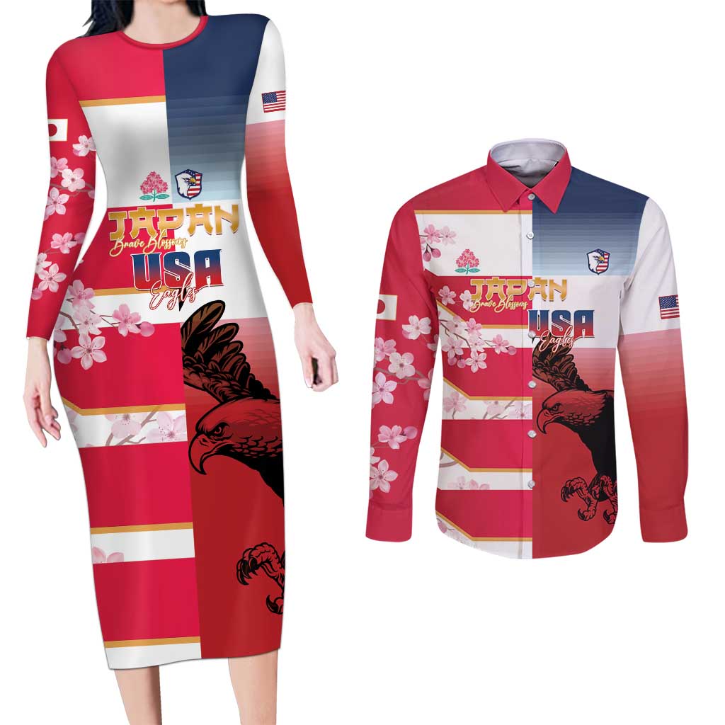 USA and Japan Rugby Custom Couples Matching Long Sleeve Bodycon Dress and Long Sleeve Button Shirt Eagles Brave Blossoms Together Pacific - Wonder Print Shop
