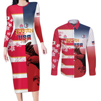 USA and Japan Rugby Custom Couples Matching Long Sleeve Bodycon Dress and Long Sleeve Button Shirt Eagles Brave Blossoms Together Pacific - Wonder Print Shop