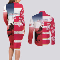 USA and Japan Rugby Custom Couples Matching Long Sleeve Bodycon Dress and Long Sleeve Button Shirt Eagles Brave Blossoms Together Pacific - Wonder Print Shop