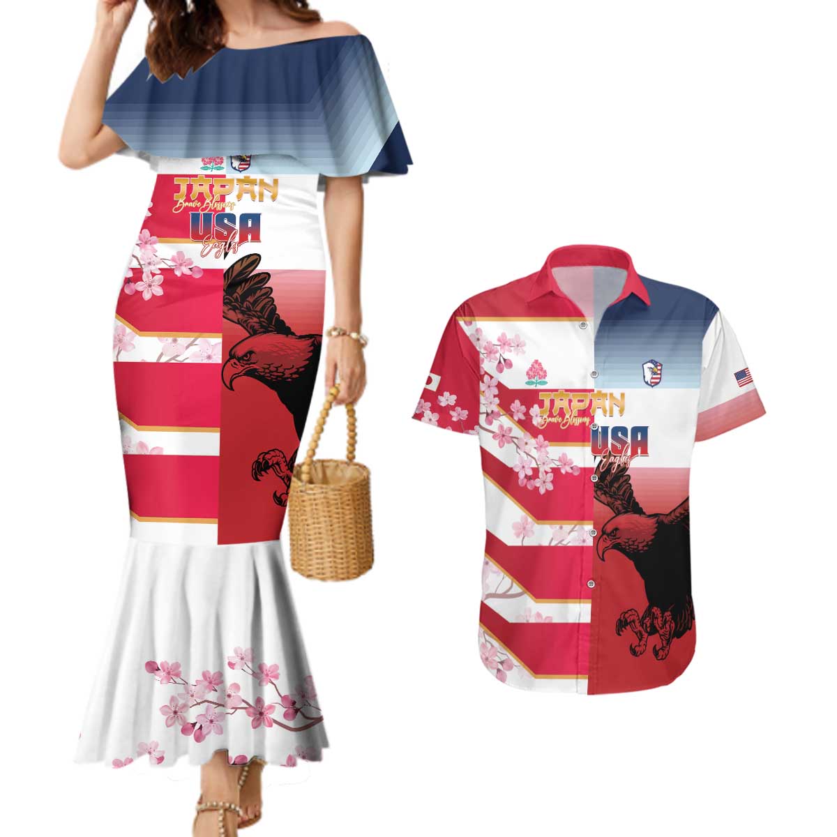 USA and Japan Rugby Custom Couples Matching Mermaid Dress and Hawaiian Shirt Eagles Brave Blossoms Together Pacific - Wonder Print Shop