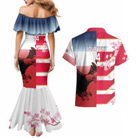 USA and Japan Rugby Custom Couples Matching Mermaid Dress and Hawaiian Shirt Eagles Brave Blossoms Together Pacific - Wonder Print Shop