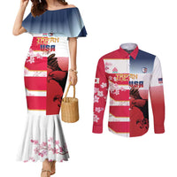 USA and Japan Rugby Custom Couples Matching Mermaid Dress and Long Sleeve Button Shirt Eagles Brave Blossoms Together Pacific - Wonder Print Shop