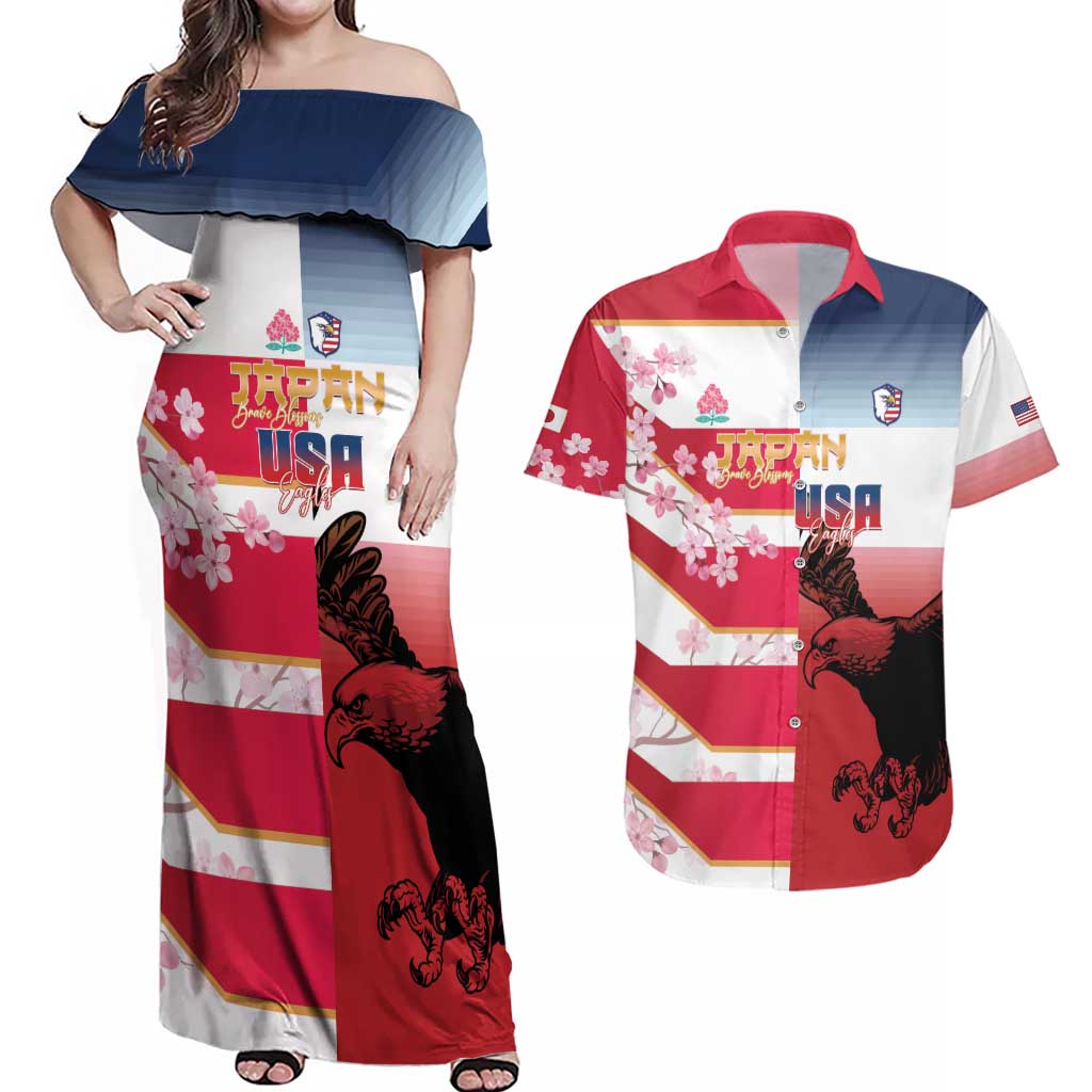USA and Japan Rugby Custom Couples Matching Off Shoulder Maxi Dress and Hawaiian Shirt Eagles Brave Blossoms Together Pacific - Wonder Print Shop