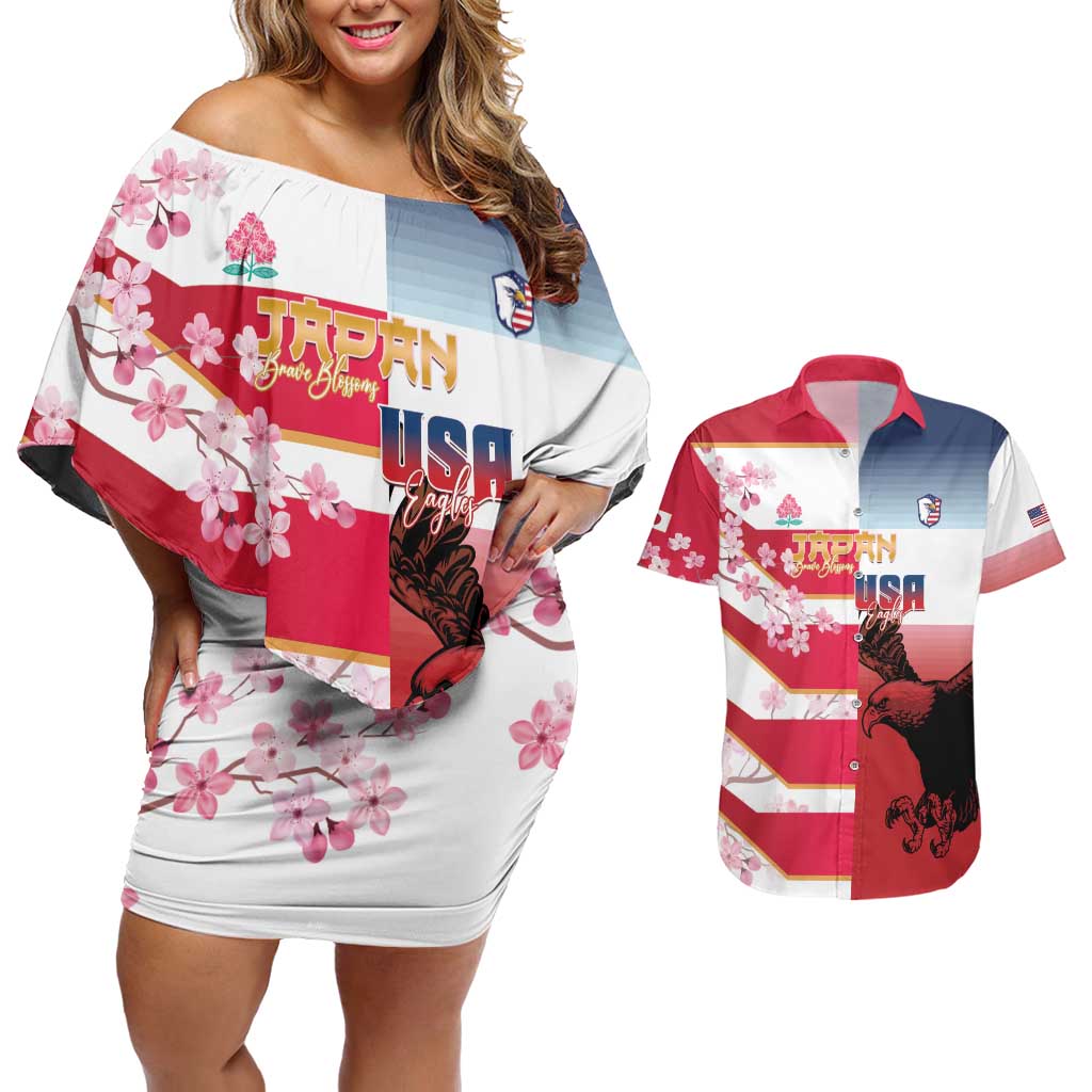 USA and Japan Rugby Custom Couples Matching Off Shoulder Short Dress and Hawaiian Shirt Eagles Brave Blossoms Together Pacific - Wonder Print Shop