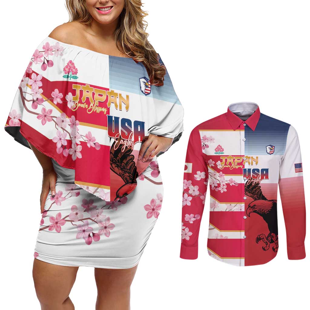 USA and Japan Rugby Custom Couples Matching Off Shoulder Short Dress and Long Sleeve Button Shirt Eagles Brave Blossoms Together Pacific - Wonder Print Shop