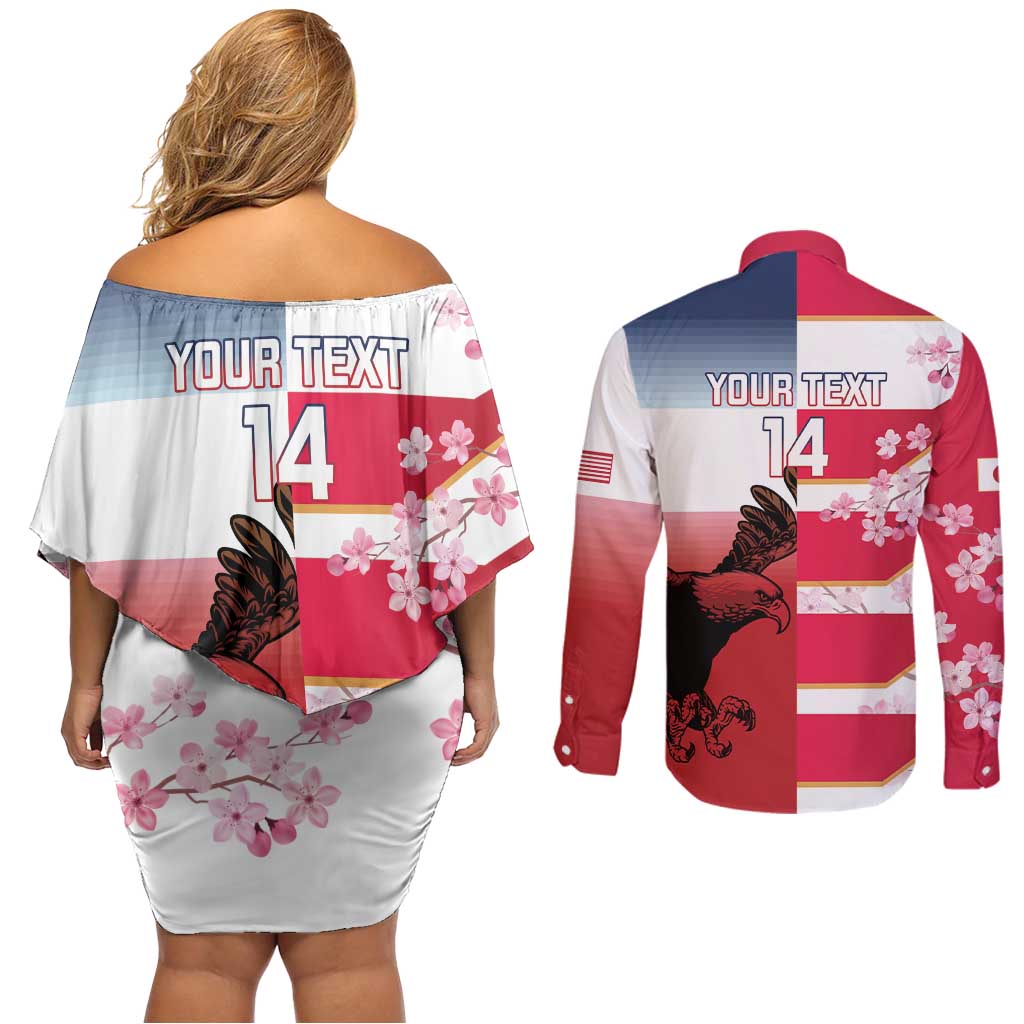 USA and Japan Rugby Custom Couples Matching Off Shoulder Short Dress and Long Sleeve Button Shirt Eagles Brave Blossoms Together Pacific - Wonder Print Shop