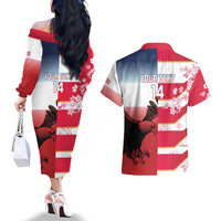 USA and Japan Rugby Custom Couples Matching Off The Shoulder Long Sleeve Dress and Hawaiian Shirt Eagles Brave Blossoms Together Pacific - Wonder Print Shop