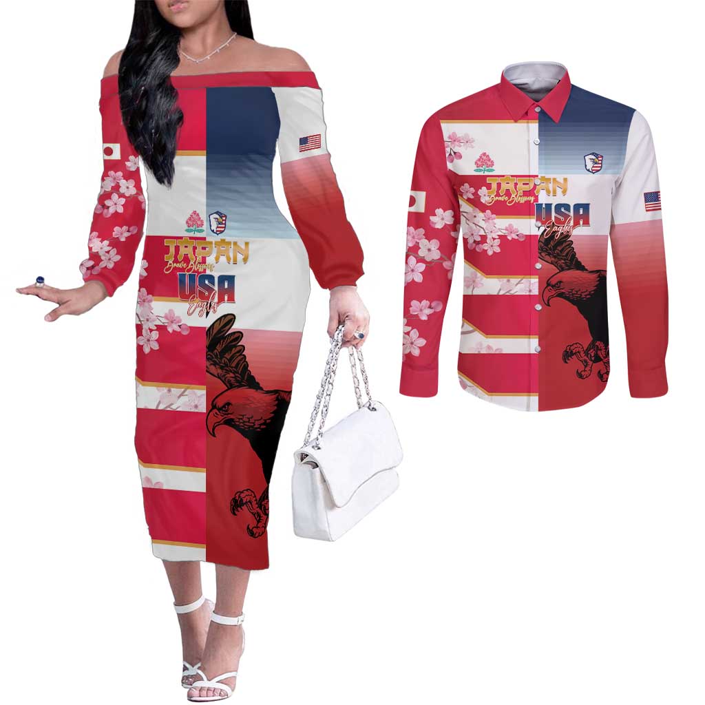 USA and Japan Rugby Custom Couples Matching Off The Shoulder Long Sleeve Dress and Long Sleeve Button Shirt Eagles Brave Blossoms Together Pacific - Wonder Print Shop